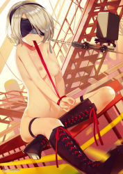Rule 34 | 1girl, bdsm, black footwear, blindfold, bondage, boots, bound, bound wrists, breasts, building, copyright name, cross-laced footwear, dan evan, has bad revision, high heel boots, high heels, highres, knee boots, medium breasts, mouth hold, navel, nier:automata, nier (series), nipples, nude, pod (nier:automata), ribbon, ribbon bondage, short hair, silver hair, sword, weapon, 2b (nier:automata)