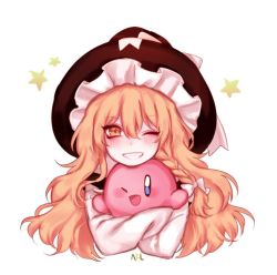 Rule 34 | 1girl, ;d, black hat, blonde hair, blue eyes, blush, bow, braid, carrying, commentary request, crossover, derivative work, grin, hair between eyes, hat, hat bow, hug, kirby, kirby (series), kirisame marisa, korean commentary, long hair, long sleeves, looking at viewer, nail polish, nintendo, one eye closed, open mouth, pink nails, shan, shirt, simple background, single braid, smile, star (symbol), strap slip, touhou, upper body, wavy hair, white background, white bow, white shirt, wing collar, witch hat, yellow eyes
