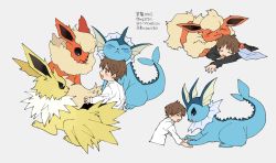 Rule 34 | 1boy, :3, :d, black pants, blush, brown hair, closed mouth, commentary request, creatures (company), closed eyes, flareon, game freak, gen 1 pokemon, holding hands, jolteon, long sleeves, lying, male focus, multiple views, newo (shinra-p), nintendo, on stomach, open mouth, orange eyes, pants, pokemon, pokemon (creature), shirt, short hair, sleeping, smile, translation request, vaporeon, white shirt, |d