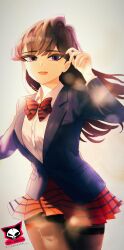 highres komi-san_wa_komyushou_desu komi_shouko lens_flare light_particles light_rays outdoors pantyhose purple_eyes purple_hair running school_uniform smile themaker wide_hips