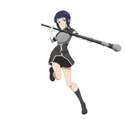 Rule 34 | 1girl, adapted costume, armor, black footwear, black hair, black skirt, blue eyes, boots, breastplate, cosplay, elbow gloves, female focus, full body, gloves, holding, holding weapon, kirito, kirito (cosplay), knee boots, leg up, looking at viewer, miniskirt, mole, mole under eye, sachi (sao), short hair with long locks, short sleeves, simple background, skirt, smile, solo, standing, standing on one leg, sword art online, transparent background, weapon, white gloves