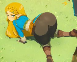 Rule 34 | 1boy, 1girl, all fours, ass, ass focus, bad id, bad pixiv id, bent over, black gloves, black pants, blonde hair, blue shirt, blush, boots, braid, brown footwear, commentary, english commentary, eyebrows, fingerless gloves, from above, from behind, gloves, grass, green eyes, hair ornament, hairclip, highres, huge ass, knee boots, knees together feet apart, legs, link, long hair, looking back, looking up, merunyaa, nintendo, on ground, outdoors, pants, parted bangs, pointy ears, pouch, pout, presenting, princess zelda, revision, shirt, skin tight, solo focus, the legend of zelda, the legend of zelda: breath of the wild, thick thighs, thighs, tight clothes, tight pants, wide hips