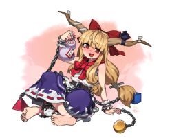 Rule 34 | 1girl, alcohol, arm support, bare shoulders, barefoot, blonde hair, blush, bow, bowtie, character doll, crossed legs, cuffs, difman, drooling, drunk, feet, full body, gourd, hair bow, hair tubes, hakurei reimu, hand up, highres, holding, horn ornament, horn ribbon, horns, ibuki suika, leaning to the side, long hair, open mouth, pink background, purple skirt, red bow, red bowtie, red eyes, ribbon, ribbon-trimmed skirt, ribbon trim, sake, shackles, shiny skin, shirt, sidelocks, signature, sitting, skirt, sleeveless, sleeveless shirt, soles, solo, squeans, toenails, toes, touhou, very long hair, white background, white shirt