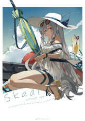 Rule 34 | 1girl, absurdres, arknights, bare legs, beach umbrella, blue sky, breasts, character name, day, drink, eyewear on head, flip-flops, from side, grey hair, hair between eyes, hat, highres, long hair, looking at viewer, medium breasts, off-shoulder shirt, off shoulder, official alternate costume, outdoors, outside border, parted lips, sandals, shirt, short shorts, shorts, sitting, skadi (arknights), skadi (waverider) (arknights), sky, solo, sun hat, sunglasses, umbrella, weibo watermark, zhibuji loom