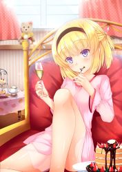 Rule 34 | 1girl, bare legs, blonde hair, blue eyes, blush, breasts, cake, candy, chocolate, cup, day, dress, drinking glass, eating, food, fork, fruit, hairband, half updo, highres, indoors, knee up, looking at viewer, merxkialis, original, pink dress, short hair, sitting, small breasts, solo, strawberry, stuffed animal, stuffed toy, sunlight, sweets, table, teapot, teddy bear, wine glass