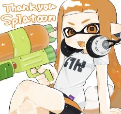 Rule 34 | 1girl, :d, arm support, bike shorts, black shorts, blunt bangs, blush stickers, colored tongue, commentary request, copyright name, crossed legs, fang, happy, headphones, headphones around neck, highres, holding, holding weapon, inkling, inkling girl, inkling player character, long hair, looking at viewer, mt38lg, nintendo, open mouth, orange eyes, orange hair, orange tongue, pointy ears, print shirt, shirt, short sleeves, shorts, simple background, sitting, smile, solo, splatoon (series), splatoon 1, splattershot (splatoon), suction cups, tentacle hair, thank you, twintails, v-shaped eyebrows, weapon, white background, white shirt