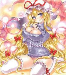 Rule 34 | 1girl, artist name, at classics, blonde hair, blush, bow, breasts, cleavage, cleavage cutout, closed mouth, clothing cutout, covered erect nipples, gap (touhou), hair between eyes, hair bow, hair censor, hat, hat ribbon, large breasts, long hair, looking at viewer, meme attire, mob cap, no panties, no shoes, open-chest sweater, purple eyes, red bow, red ribbon, ribbon, sample watermark, sidelocks, sitting, smile, solo, sweater, thighhighs, touhou, traditional media, very long hair, watermark, white hat, white thighhighs, yakumo yukari