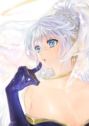 Rule 34 | 1girl, bare shoulders, blue eyes, breasts, cleavage, collarbone, doraeshi, elbow gloves, gloves, gold, hair between eyes, halo, hand up, highres, jewelry, large breasts, long hair, neck ring, open mouth, original, pink lips, ponytail, purple gloves, pursed lips, simple background, solo, veil, white background, white hair