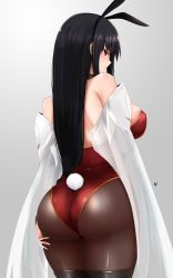 Rule 34 | 1girl, absurdres, animal ears, ass, back, bare shoulders, black hair, black pantyhose, blush, breasts, cowboy shot, detached sleeves, edelritter, fake animal ears, from behind, hairband, highres, large breasts, leotard, long hair, long sleeves, looking at viewer, looking back, lord of vermilion, pantyhose, parted lips, playboy bunny, rabbit ears, rabbit tail, red eyes, rishia (lord of vermilion), sideboob, sleeves past wrists, solo, standing, tail, thighhighs, thighhighs over pantyhose