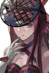 Rule 34 | 1girl, bare shoulders, breasts, cleavage, dress, elbow gloves, fascinator, fire emblem, fire emblem engage, flower, gloves, ivy (fire emblem), jewelry, long hair, looking at viewer, mai yukari, medium breasts, mole, mole under mouth, nintendo, portrait, purple eyes, purple hair, rose, simple background, solo, very long hair, white background, white gloves