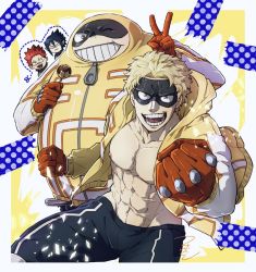 3boys, abs, bare pecs, black hair, blonde hair, blue eyes, boku no hero academia, character request, cropped legs, eye mask, fat, fat man, fatgum, food, gloves, highres, hood, hooded jacket, jacket, looking at viewer, mahoubin (totemo hot dayo), male focus, mask, multiple boys, muscular, muscular male, navel, nipples, open clothes, open jacket, pants, pectorals, red gloves, short hair, smile, spiked hair, sukiyaki, thighs, track pants, v, yellow jacket