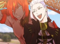 Rule 34 | 2boys, ashwatthama (fate), belt, black gloves, blurry, clenched teeth, dark skin, dark-skinned male, depth of field, detached collar, fate/grand order, fate (series), gloves, looking at another, male focus, multiple boys, open mouth, pink hair, red hair, scandinavia peperoncino, topless male, teeth, undercut, upper body