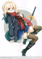 Rule 34 | 1girl, absurdres, ahoge, artoria pendragon (fate), belt boots, black-framed eyewear, black footwear, black thighhighs, blonde hair, blush, boots, box, braid, excalibur (fate/stay night), fate/grand order, fate (series), full body, garter straps, gift, gift box, glasses, heart, heart-shaped box, high heel boots, high heels, highres, holding, holding gift, jacket, knee boots, looking at viewer, mysterious heroine x alter (fate), mysterious heroine x alter (first ascension) (fate), open mouth, plaid, plaid scarf, red scarf, scan, scarf, school uniform, semi-rimless eyewear, simple background, skirt, solo, sword, thighhighs, toosaka asagi, under-rim eyewear, valentine, weapon, yellow eyes