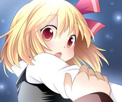 Rule 34 | 1girl, arm grab, bad id, bad pixiv id, blonde hair, female focus, hair ribbon, hammer (sunset beach), holding own arm, long sleeves, open mouth, red eyes, ribbon, rumia, short hair, solo, touhou
