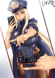 Rule 34 | 1girl, absurdres, blonde hair, blush, breasts, brown eyes, covered navel, curvy, destiny child, dutch angle, embarrassed, highres, huge breasts, indoors, long hair, looking at viewer, mafdet (destiny child), meme, one finger selfie challenge (meme), police, police uniform, selfie, solo, uniform, very long hair, wide hips, wirberlwind, you&#039;re doing it wrong