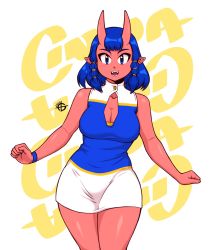 Rule 34 | 1girl, absurdres, blue eyes, blue hair, breasts, cinna (taggo), cleavage, collarbone, colored skin, eyebrows, fangs, highres, horns, large breasts, looking at viewer, oni, oni horns, open mouth, original, pointy ears, red skin, short hair, sleeveless, solo, taggo, teeth