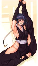 Rule 34 | 1girl, puff of air, armpits, arms up, artist name, barefoot, bleach, blunt bangs, blush, breasts, cashumeru, feet, gloves, groin, highres, hip vent, japanese clothes, lips, long hair, looking at viewer, muscular, muscular female, nail polish, ninja, nose blush, parted lips, short hair, sideboob, signature, simple background, sitting, sleeveless, solo, stirrup legwear, sui-feng, thighs, toeless legwear, toenail polish, toenails, toes, twitter username