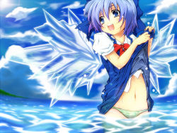 Rule 34 | blue eyes, blue hair, cirno, clothes lift, haruyonoto, highres, ice, navel, panties, shirt lift, smile, solo, striped clothes, striped panties, touhou, underwear, water, wet, wet clothes, wings