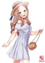 Rule 34 | 1girl, alternate costume, artist logo, asakaze (kancolle), bag, bare shoulders, blue eyes, casual, commentary request, dated, dress, forehead, frilled dress, frills, glowing, handbag, hat, highres, kanon (kurogane knights), kantai collection, light brown hair, long hair, looking at viewer, open mouth, parted bangs, sidelocks, simple background, smile, solo, sun hat, v-shaped eyebrows, white background, white dress