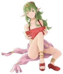Rule 34 | 1girl, anklet, breasts, cleavage, closed mouth, fire emblem, fire emblem awakening, fire emblem heroes, food, fruit, full body, green eyes, green hair, highres, jewelry, long hair, looking at viewer, medium breasts, nintendo, one eye closed, pointy ears, ponytail, sakuremi, sandals, simple background, sitting, smile, solo, swimsuit, tiara, tiki (adult) (fire emblem), tiki (adult) (summer) (fire emblem), tiki (fire emblem), watermelon, white background