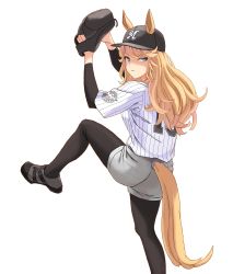 Rule 34 | 1girl, absurdres, alternate costume, animal ears, baseball, baseball cap, baseball glove, baseball uniform, black footwear, black hat, blonde hair, blue eyes, chiba lotte marines, commentary request, ears through headwear, gold city (umamusume), hat, highres, horse ears, horse girl, horse tail, long hair, nippon professional baseball, pantyhose, pantyhose under shorts, partial commentary, pitcher, pitching, shirt, shorts, simple background, solo, sportswear, standing, standing on one leg, tail, tori no teriyaki, tsurime, umamusume, white background, white shirt