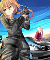 Rule 34 | 00s, artoria pendragon (all), artoria pendragon (fate), blush, car, fate/stay night, fate/zero, fate (series), formal, gloves, green eyes, honda, irisviel von einzbern, long hair, motor vehicle, pant suit, pants, ponytail, red eyes, saber (fate), suit, vehicle, white hair