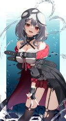 Rule 34 | 1girl, absurdres, bare shoulders, black gloves, black hair, black thighhighs, breasts, camisole, cleavage, coat, fingerless gloves, garter straps, gloves, grey hair, hair ornament, highres, hololive, large breasts, long sleeves, looking at viewer, medium hair, multicolored hair, open clothes, open coat, open mouth, red eyes, red nails, red skirt, sakamata chloe, sakamata chloe (1st costume), sidelocks, skirt, smile, solo, standing, streaked hair, thighhighs, thomas 8000, torn clothes, torn thighhighs, v, virtual youtuber, white camisole, x hair ornament