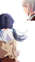 Rule 34 | 2girls, absurdres, black choker, blue hair, blue ribbon, bob cut, brown cardigan, brown dress, cardigan, choker, commentary request, dark blue hair, dollchestra, dress, floating hair, grey hair, hair ribbon, hasu no sora school uniform, highres, inverted bob, light particles, link! like! love live!, long hair, long sleeves, looking ahead, love live!, low twintails, multicolored hair, multiple girls, murano sayaka, neckerchief, open cardigan, open clothes, rakinegimagi, red eyes, red hair, red neckerchief, ribbon, sailor collar, sailor dress, school uniform, short hair, simple background, streaked hair, twintails, twitter thumbnail collage, virtual youtuber, white background, white sailor collar, winter uniform, yugiri tsuzuri