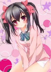 Rule 34 | 10s, 1girl, black hair, blush, bottomless, bow, bowtie, cardigan, covering crotch, covering privates, dress shirt, hair bow, long sleeves, looking at viewer, love live!, love live! school idol project, no pants, pointy ears, red bow, red eyes, rinka (yuyutei), school uniform, shirt, short hair, solo, striped bow, striped bowtie, striped clothes, striped neckwear, twintails, yazawa nico