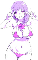 Rule 34 | 1girl, bikini, bow, braid, braided ponytail, breasts, clenched teeth, double v, duke (inu daimyou), hair bow, hand up, large breasts, long hair, looking at viewer, love live!, love live! school idol project, micro bikini, navel, pink bikini, pink bow, purple hair, simple background, solo, stomach, swimsuit, teeth, thigh gap, tojo nozomi, v, white background