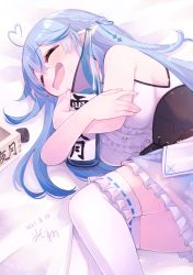 Rule 34 | 1girl, ^ ^, alcohol, bare arms, bare shoulders, black corset, blue hair, blue skirt, blush, bottle, braid, breasts, center frills, closed eyes, colored tips, corset, drooling, drunk, elf, frilled shirt, frilled skirt, frilled thighhighs, frills, half updo, highres, hikawa shou, hololive, large breasts, long hair, miniskirt, mouth drool, multicolored hair, off shoulder, pointy ears, sake, sake bottle, shirt, skirt, sleeveless, sleeveless shirt, snowflake print, solo, streaked hair, thighhighs, underbust, virtual youtuber, white shirt, white thighhighs, yellow eyes, yukihana lamy