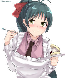 Rule 34 | 1girl, absurdres, antenna hair, apron, aqua hair, breasts, collared shirt, frilled apron, frills, green eyes, hair ribbon, highres, holding, holding plate, holding spoon, irako (kancolle), kantai collection, kappougi, kiritto, long hair, long sleeves, looking at viewer, medium breasts, necktie, pink shirt, plate, ponytail, red ribbon, ribbon, shirt, simple background, solo, spoon, tareme, twitter username, upper body, very long hair, white apron, white background, wing collar