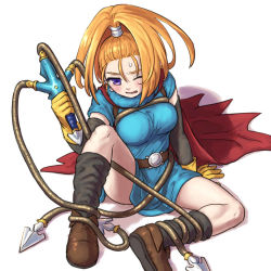 Rule 34 | 1girl, arinsu (kodamamaimai), barbara (dq6), belt, blue dress, blush, breasts, cape, dragon quest, dragon quest vi, dress, gloves, gringham whip, high ponytail, jewelry, long hair, one eye closed, open mouth, orange hair, ponytail, purple eyes, simple background, skirt, solo, whip, white background, yellow gloves