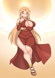 Rule 34 | 1girl, :o, angel, angel wings, blonde hair, bracelet, breasts, clothes, female focus, flying, halo, jewelry, kaz (shade), large breasts, long hair, looking at viewer, open mouth, original, red eyes, red robe, robe, solo, wings