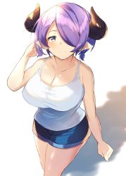 Rule 34 | 10s, 1girl, alternate hair length, alternate hairstyle, arm at side, bad id, bad pixiv id, blue shorts, braid, breasts, casual, cleavage, collarbone, cowboy shot, draph, granblue fantasy, hair over one eye, hand up, highres, horns, large breasts, looking at viewer, narmaya (granblue fantasy), one eye covered, pointy ears, purple hair, shadow, short hair, shorts, grey eyes, sleeveless, smile, solo, tank top, ultone (neisiss), walking, white background