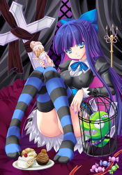 Rule 34 | 10s, 1girl, alto seneka, bow, cage, cake, chuck (psg), colored inner hair, food, hair bow, ice cream, long hair, md5 mismatch, multicolored hair, nail polish, panty &amp; stocking with garterbelt, purple nails, stocking (psg), striped clothes, striped thighhighs, thighhighs, two-tone hair