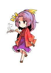 Rule 34 | 1girl, brown footwear, chibi, closed mouth, dairi, hand fan, hand up, holding, holding fan, japanese clothes, kimono, komakusa sannyo, long sleeves, medium hair, multicolored clothes, ponytail, purple hair, red eyes, red sleeves, ribbon, simple background, smile, solo, standing, tachi-e, touhou, transparent background, white background, yellow ribbon