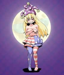 Rule 34 | 1girl, american flag dress, american flag legwear, blonde hair, breasts, clothes around waist, clownpiece, covering breasts, covering privates, dress, fairy wings, full body, full moon, half-closed eyes, hat, highres, hits (hitstts), jester cap, light blush, long hair, looking at viewer, medium breasts, moon, pantyhose, polka dot, polka dot headwear, purple hat, red eyes, ringed eyes, sharp teeth, smile, solo, star (symbol), star print, straight hair, striped, teeth, topless, touhou, transparent wings, unworn clothes, wings