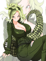 Rule 34 | 1girl, alternate breast size, arm support, boots, breasts, cleavage, closed mouth, collarbone, collared jacket, crocodilian tail, denim, eyelashes, feet out of frame, fingerless gloves, gloves, green eyes, green gloves, green hair, green jacket, green pants, high collar, high ponytail, highres, huge breasts, jacket, jeans, kemono friends, knees up, leaning back, long hair, long sleeves, looking at viewer, multicolored hair, out of frame, pants, partially unzipped, saltwater crocodile (kemono friends), sitting, smile, solo, spikes, tail, torn clothes, torn pants, tunndererabu, zipper