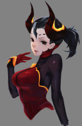 Rule 34 | 1girl, black hair, bodysuit, breasts, dark persona, demon horns, devil mercy, earrings, facial mark, forehead mark, gloves, grey background, highres, horns, jewelry, lips, looking at viewer, looking to the side, mechanical wings, medium breasts, mercy (overwatch), muta (csw), no wings, official alternate costume, overwatch, overwatch 1, parted lips, ponytail, red eyes, simple background, slit pupils, solo, upper body, wings