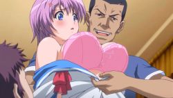 Rule 34 | 10s, 1girl, 2boys, animated, animated gif, assisted exposure, blue eyes, blush, bouncing breasts, bra, bra lift, breasts, grin, hair ornament, hairclip, ichinose anna, imminent rape, large breasts, lingerie, multiple boys, nipples, open clothes, pink bra, purple hair, ran sem, rape, school uniform, short hair, skirt, smile, ugly man, underwear, undressing, upper body, you gonna get raped