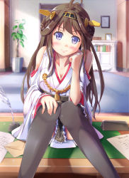 Rule 34 | 10s, 1girl, ayakase hotaru, bare shoulders, black thighhighs, blush, book, bookshelf, breasts, brown hair, desk, detached sleeves, double bun, feathers, hair bun, hair ornament, hairband, headgear, highres, japanese clothes, kantai collection, kongou (kancolle), large breasts, letter, light particles, long hair, looking at viewer, nontraditional miko, office, paper, pen, personification, plant, portrait (object), purple eyes, sitting, skirt, smile, solo, thighhighs