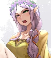 Rule 34 | 1girl, collarbone, dress, fire emblem, fire emblem: the binding blade, fire emblem heroes, green eyes, head wreath, heterochromia, idunn (fire emblem), light persona, long hair, looking at viewer, looking down, nintendo, official alternate costume, official alternate hairstyle, open mouth, pointy ears, purple eyes, purple hair, simple background, solo, tomodachi (tomofanart), upper body, white background, yellow dress