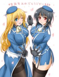 Rule 34 | 2girls, akimoto dai, atago (kancolle), beret, black gloves, black hair, black legwear, blue headwear, breasts, cherry blossoms, garter straps, gloves, gradient background, green eyes, hair between eyes, hat, highres, kantai collection, large breasts, long hair, looking at viewer, military, military uniform, miniskirt, multiple girls, one eye closed, open mouth, pantyhose, petals, red eyes, short hair, simple background, skirt, smile, takao (kancolle), thighhighs, uniform, white background