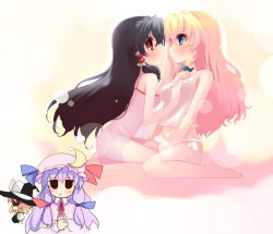 Rule 34 | 3girls, annoyed, barefoot, black hair, blonde hair, blue eyes, blush, braid, grabbing another&#039;s breast, breasts, eye contact, female focus, grabbing, hakurei reimu, hand on another&#039;s face, imagining, imminent kiss, kirisame marisa, looking at another, multiple girls, patchouli knowledge, red eyes, shin (new), touhou, yuri