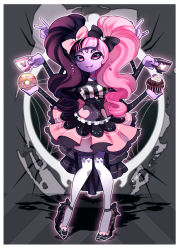 Rule 34 | 1girl, alternate costume, alternate hair color, alternate hairstyle, arthropod girl, artist name, black hair, bow, colored skin, commentary, cup, cupcake, doughnut, dress, extra arms, extra eyes, fangs, food, hair bow, heart, high heels, highres, insect girl, kneehighs, looking at viewer, m/, monster girl, muffet, mug, multicolored hair, pink hair, purple eyes, purple skin, rotodisk, socks, solo, spider girl, spider web print, two-tone hair, undertale, v, wedge heels