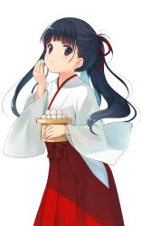 Rule 34 | 1girl, black eyes, black hair, closed mouth, commentary request, eating, feet out of frame, food, hair ribbon, hakama, hakama skirt, hand up, high ponytail, highres, holding, holding food, japanese clothes, long hair, long sleeves, looking at viewer, miko, na-ga, original, ponytail, red hakama, red ribbon, ribbon, simple background, skirt, solo, standing, tareme, wagashi, white background, wide sleeves