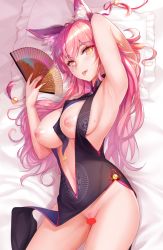 Rule 34 | 1girl, :p, animal ear fluff, animal ears, arm behind head, armpits, bare shoulders, bed sheet, bell, black dress, black gloves, blush, breasts, censored, center opening, china dress, chinese clothes, dress, fate/grand order, fate (series), folding fan, fox ears, fox girl, fox tail, gloves, hair between eyes, hand fan, hip focus, jingle bell, koyanskaya (chinese lostbelt outfit) (fate), koyanskaya (fate), large breasts, long hair, looking at viewer, mole, mole on breast, nail polish, navel, nipples, pillow, pink hair, sideboob, smile, solo, tail, tamamo (fate), thighs, tongue, tongue out, tsuki no i-min, underboob, yellow eyes