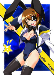 Rule 34 | 00s, 1girl, animal ears, blue eyes, bow, bowtie, breasts, brown hair, chirorian, cleavage, detached collar, fake animal ears, jacket, lyrical nanoha, mahou shoujo lyrical nanoha, mahou shoujo lyrical nanoha strikers, medium breasts, one eye closed, playboy bunny, rabbit ears, rabbit tail, short hair, solo, star (symbol), tail, thighhighs, wink, yagami hayate