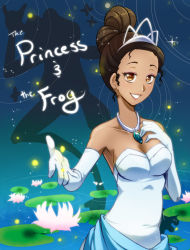 Rule 34 | 1girl, animification, armpits, bad id, bad pixiv id, bare shoulders, breasts, brown eyes, brown hair, cleavage, dark-skinned female, dark skin, disney, dress, elbow gloves, galibo, gloves, jewelry, large breasts, necklace, sideboob, smile, solo, the princess and the frog, tiana, tiana (the princess and the frog), tiara
